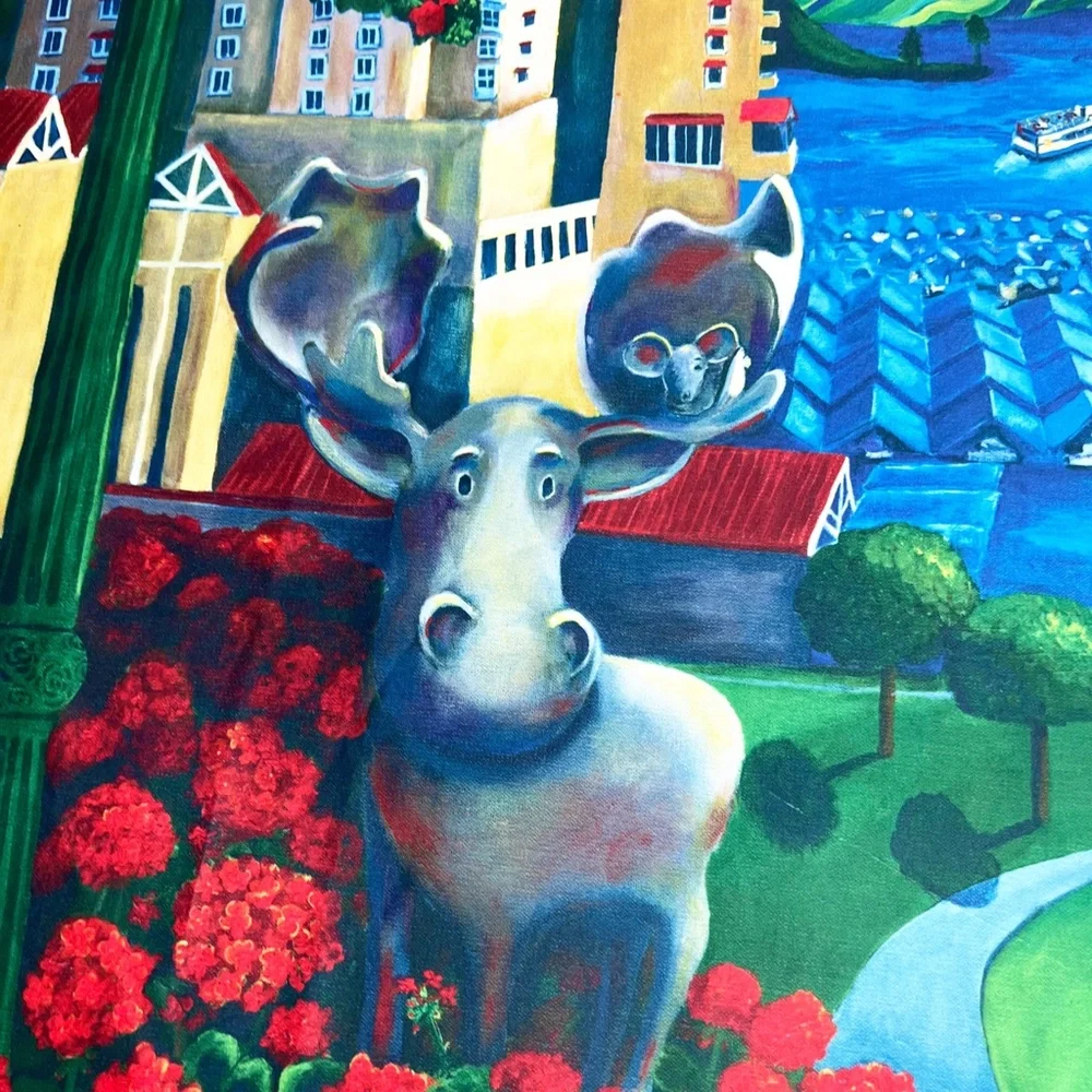 D McCulley Moose in the City Floral Flag Tapestry Wall Hanging Decor